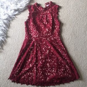 red and nude lace dress